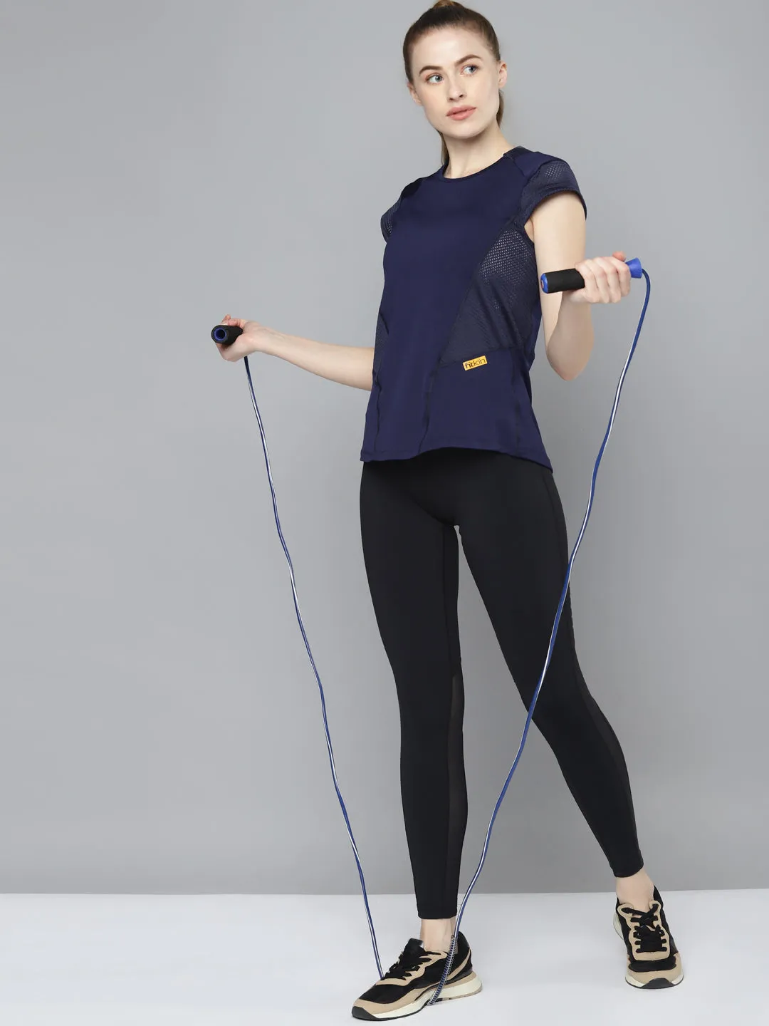 Women's Navy Blue Self Design Relaxed Fit Sports T-shirt