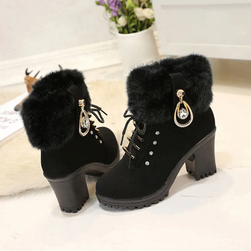 Women's Plush Zipper Chunky Heel Ankle Boots