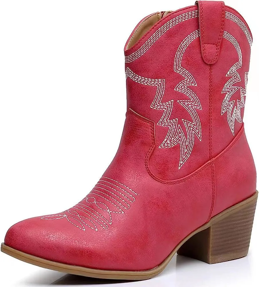 Women's Trendy Decorative Stitching Leather Ankle Height Cowgirl Boots
