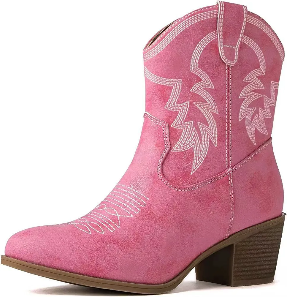 Women's Trendy Decorative Stitching Leather Ankle Height Cowgirl Boots