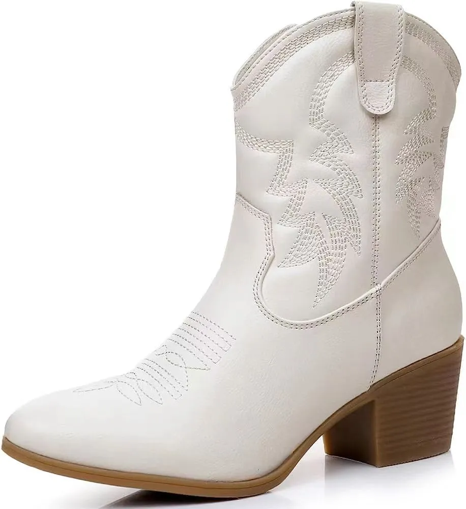 Women's Trendy Decorative Stitching Leather Ankle Height Cowgirl Boots