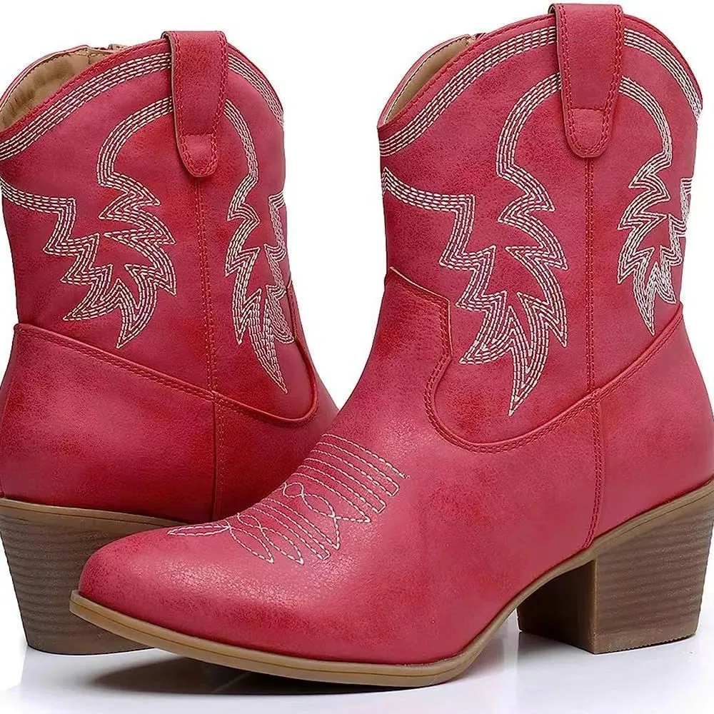 Women's Trendy Decorative Stitching Leather Ankle Height Cowgirl Boots
