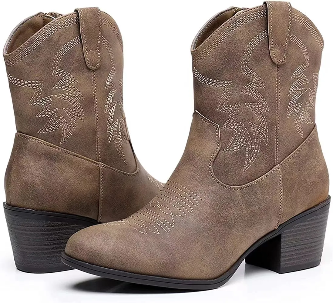 Women's Trendy Decorative Stitching Leather Ankle Height Cowgirl Boots
