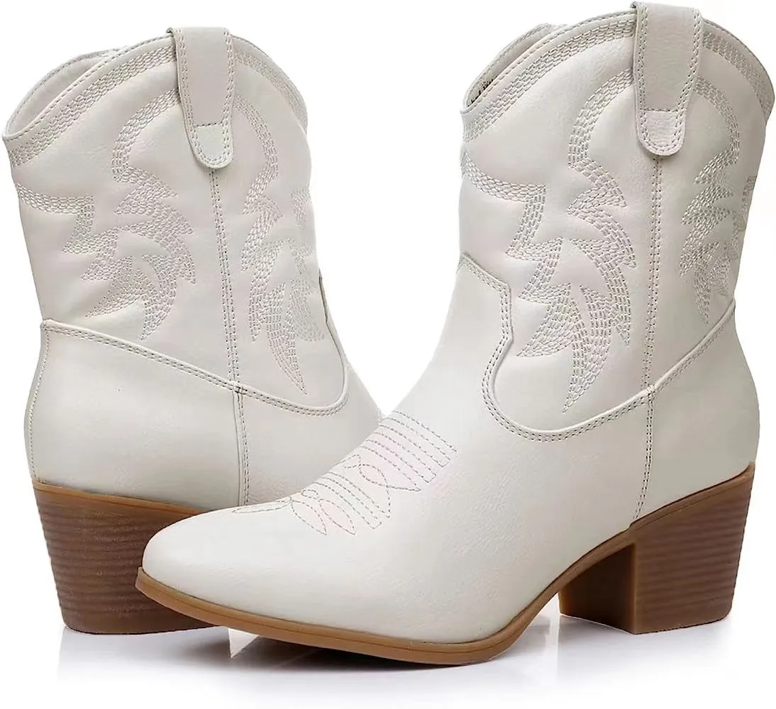 Women's Trendy Decorative Stitching Leather Ankle Height Cowgirl Boots