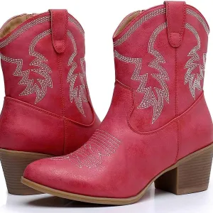 Women's Trendy Decorative Stitching Leather Ankle Height Cowgirl Boots