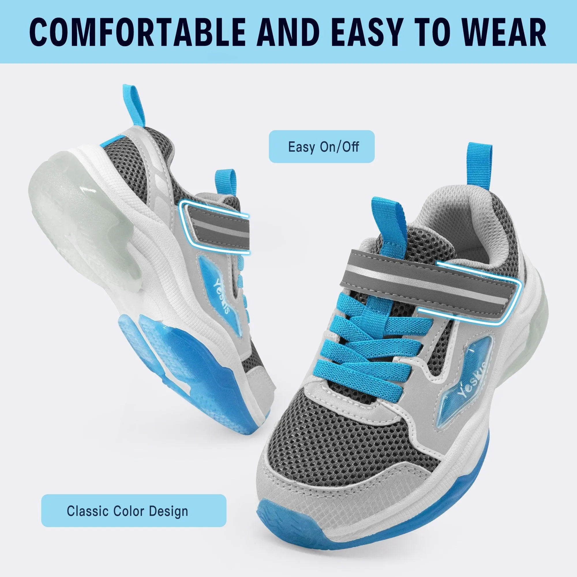 YESKIS FutuVibe Light Up Boys Sneakers for Kids Grey/Blue