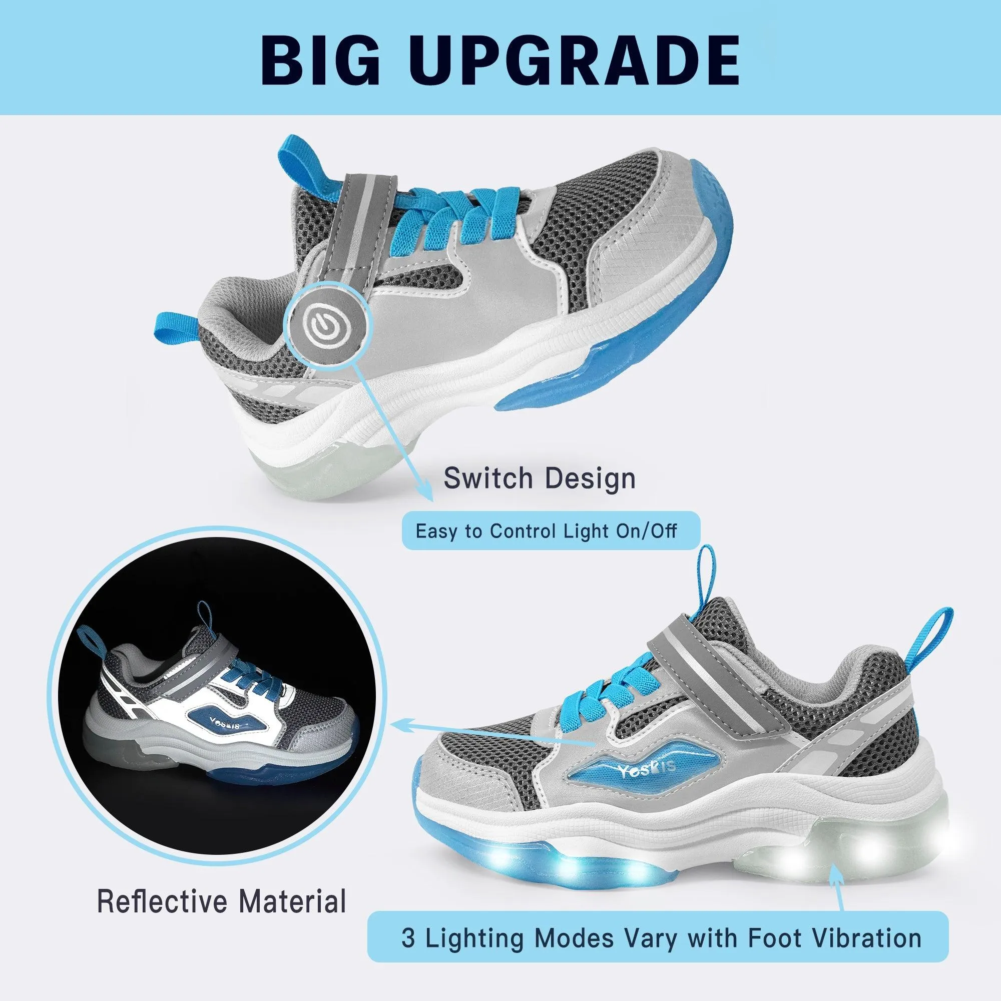 YESKIS FutuVibe Light Up Boys Sneakers for Kids Grey/Blue